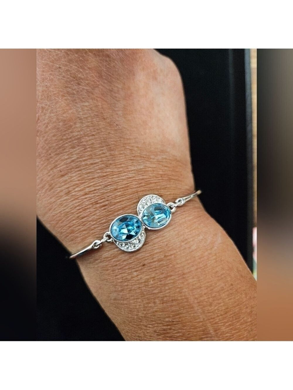 Vintage Glass Aquamarine and Clear Crystal Silver-tone Bracelet